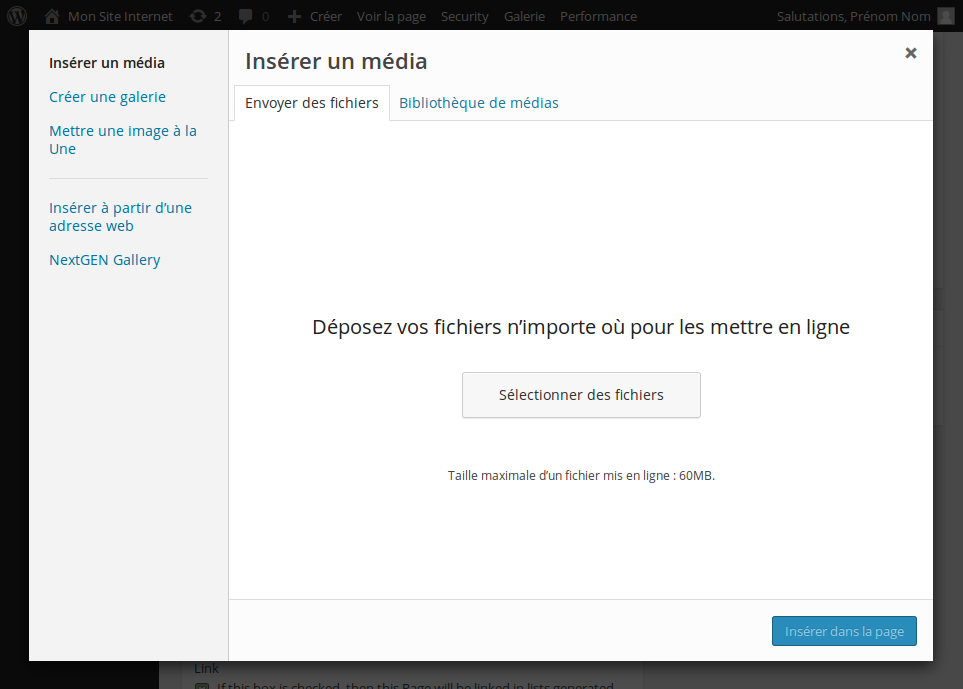 La fenêtre que l'on retrouve en cliquant sur le bouton "Ajouter un média" qui est au-dessus de l'éditeur de texte de Wordpress.
